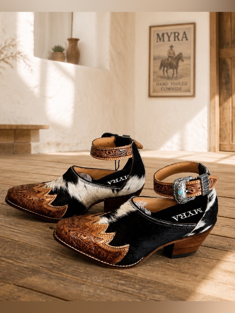 Myra Bag Hand Tooled Leather Cowhide Mules Turquoise Detail Shoes NWT Size 7